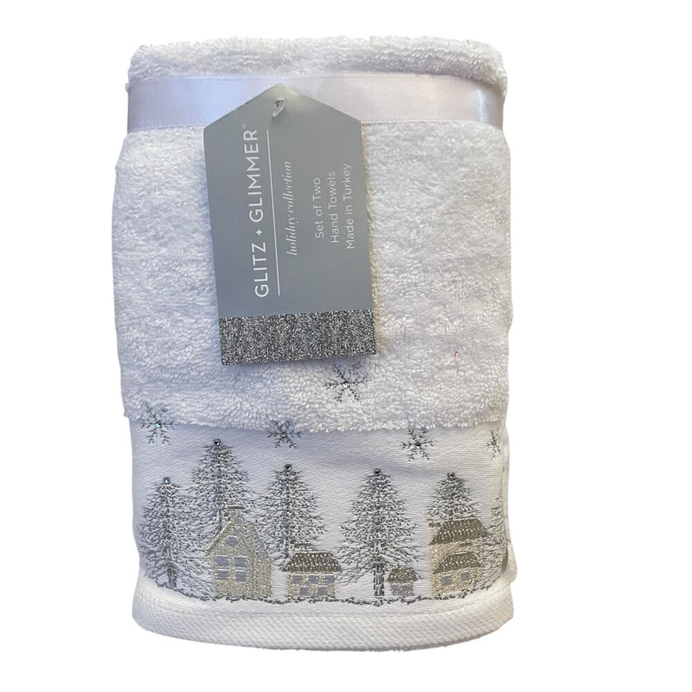 2pc Glitz & Glimmer Embroidered Christmas Tree Hand Towels 18x28 Cotton NEW